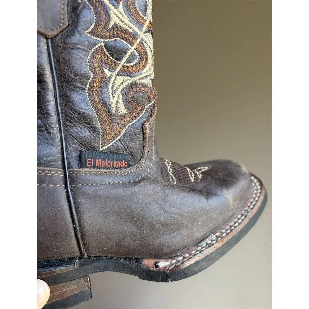 El Malcreado Square Toe Western Boots Kids Size 10 Brown Leather‎ Cowboy Western